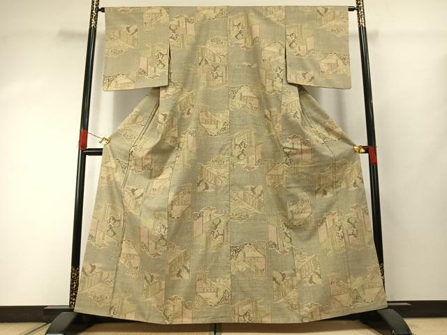 平和屋着物●本場結城紬　重要無形文化財　100亀甲　人物風景文　正絹　逸品　AABI2015fy