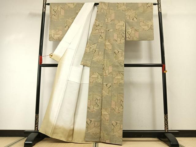 平和屋着物●本場結城紬　重要無形文化財　100亀甲　人物風景文　正絹　逸品　AABI2015fy