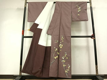 平和屋着物●訪問着　友禅　紬地　草花文　正絹　逸品　AABI2027fy