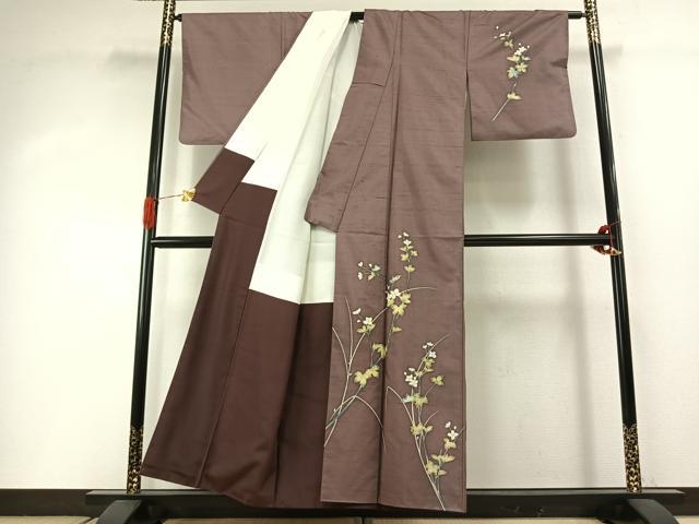 平和屋着物●訪問着　友禅　紬地　草花文　正絹　逸品　AABI2027fy