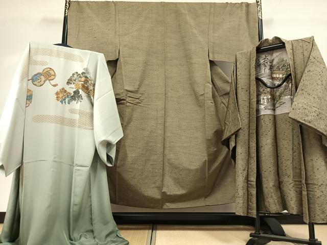平和屋着物●男性 紬 アンサンブル 長襦袢(袷)セット 霞文 キングサイズ 正絹 逸品 AABI2034fy
