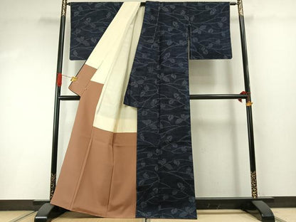 平和屋着物●結城紬　80亀甲　枝葉文　三越扱い　正絹　逸品　未使用　AABI2039fy