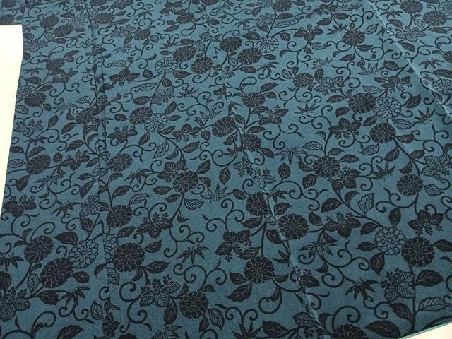 平和屋着物●上質な小紋　藍　型染め　花唐草文　鬼しぼ縮緬　高島屋扱い　正絹　逸品　AABI2041fy
