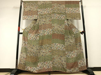 平和屋着物●上質な小紋　型染め　横段花鳥文　鬼しぼ縮緬　正絹　逸品　AABI2042fy