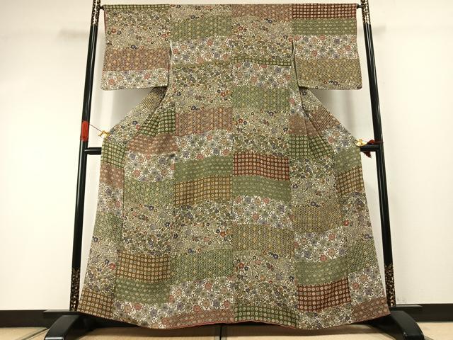 平和屋着物●上質な小紋　型染め　横段花鳥文　鬼しぼ縮緬　正絹　逸品　AABI2042fy