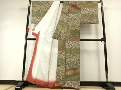 平和屋着物●上質な小紋　型染め　横段花鳥文　鬼しぼ縮緬　正絹　逸品　AABI2042fy