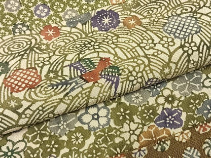 平和屋着物●上質な小紋　型染め　横段花鳥文　鬼しぼ縮緬　正絹　逸品　AABI2042fy