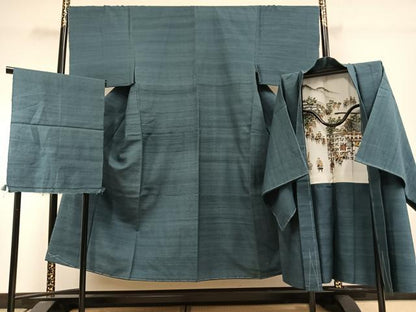 平和屋着物●男性 紬 アンサンブル 青碧色 反端付き 正絹 逸品 未使用 AABI2049fy