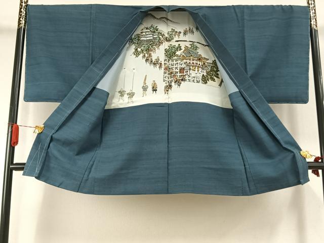 平和屋着物●男性 紬 アンサンブル 青碧色 反端付き 正絹 逸品 未使用 AABI2049fy