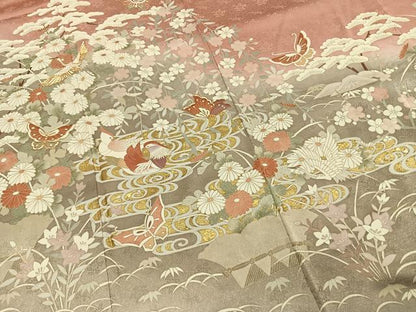 平和屋着物●訪問着　駒刺繍　舞蝶花鳥文　暈し染め　金彩　正絹　逸品　未使用　AABI2054fy