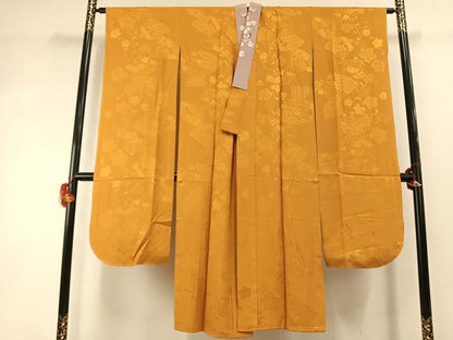 平和屋着物●振袖用長襦袢　無双仕立て　扇面花地紋　黄朽葉色　やまと誂製　半衿刺繍　正絹　逸品　AABI2060fy