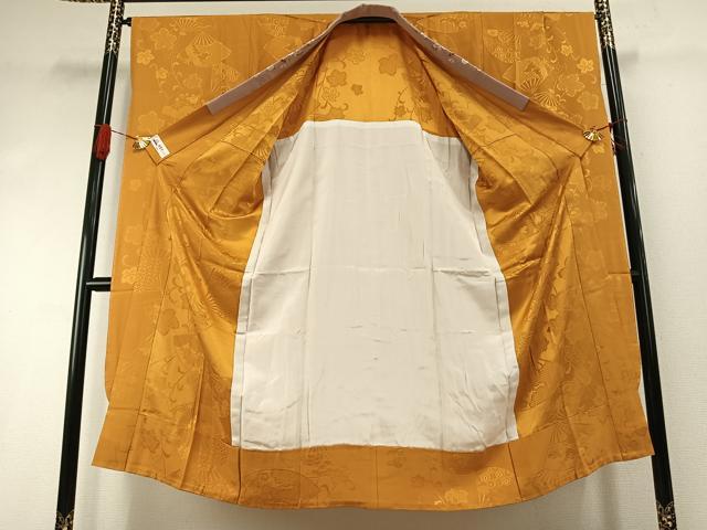 平和屋着物●振袖用長襦袢　無双仕立て　扇面花地紋　黄朽葉色　やまと誂製　半衿刺繍　正絹　逸品　AABI2060fy