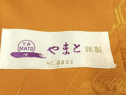平和屋着物●振袖用長襦袢　無双仕立て　扇面花地紋　黄朽葉色　やまと誂製　半衿刺繍　正絹　逸品　AABI2060fy