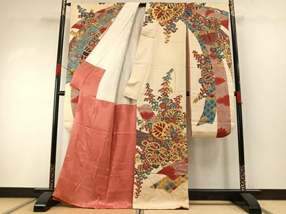 平和屋着物●豪華振袖　駒刺繍　草花文　金彩　正絹　逸品　AABI2071fy