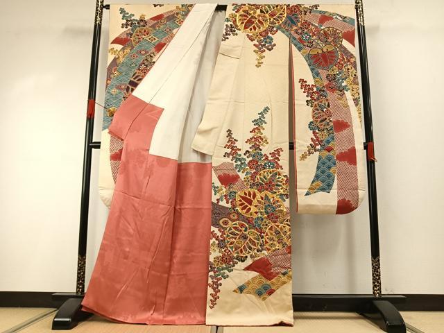 平和屋着物●豪華振袖　駒刺繍　草花文　金彩　正絹　逸品　AABI2071fy