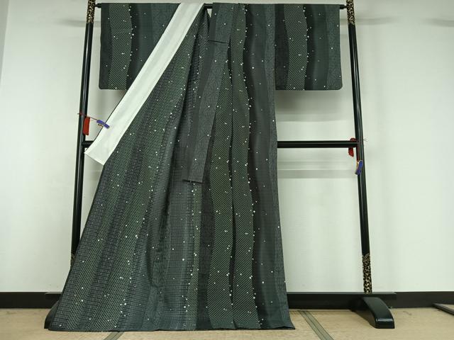 平和屋着物▽小紋　単衣　箔散らし文様　ロング丈　洗える着物　AABI2083jh