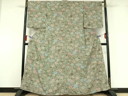 平和屋着物▽上質な小紋　単衣　草花文　鬼しぼ縮緬　正絹　逸品　AABI2087jh