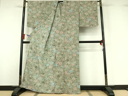 平和屋着物▽上質な小紋　単衣　草花文　鬼しぼ縮緬　正絹　逸品　AABI2087jh