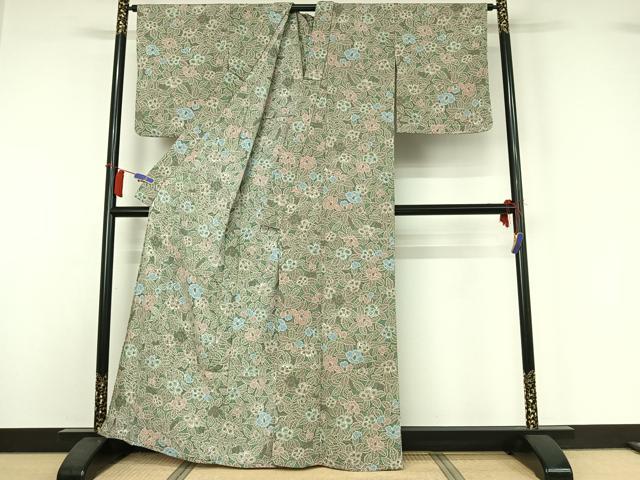 平和屋着物▽上質な小紋　単衣　草花文　鬼しぼ縮緬　正絹　逸品　AABI2087jh
