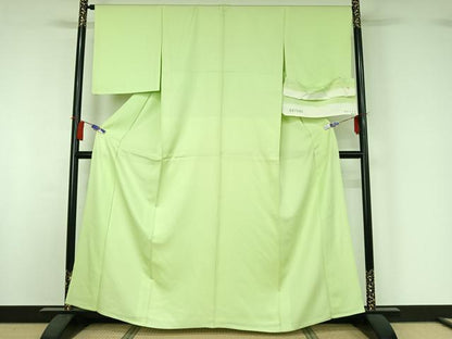 平和屋着物▽上質な色無地　単衣　若菜色　反端付き　正絹　逸品　AABI2101jh