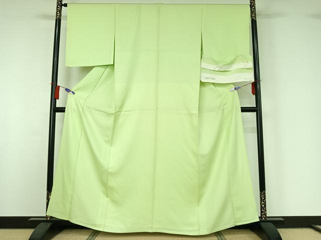 平和屋着物▽上質な色無地　単衣　若菜色　反端付き　正絹　逸品　AABI2101jh