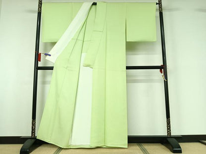 平和屋着物▽上質な色無地　単衣　若菜色　反端付き　正絹　逸品　AABI2101jh