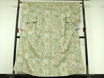 平和屋着物▽上質な小紋　単衣　紬地　手描き　風景花文　正絹　逸品　AABI2108jh