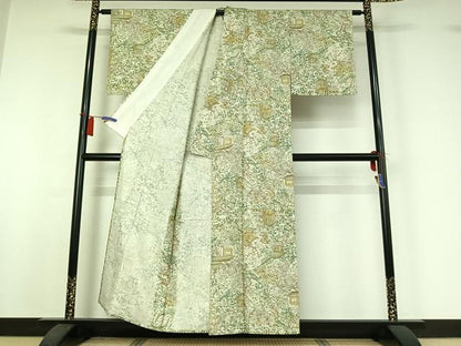 平和屋着物▽上質な小紋　単衣　紬地　手描き　風景花文　正絹　逸品　AABI2108jh