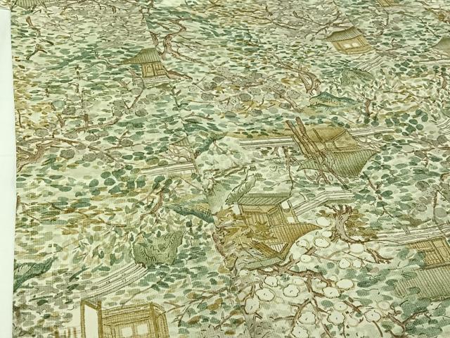 平和屋着物▽上質な小紋　単衣　紬地　手描き　風景花文　正絹　逸品　AABI2108jh