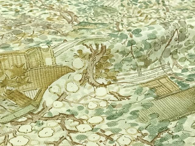 平和屋着物▽上質な小紋　単衣　紬地　手描き　風景花文　正絹　逸品　AABI2108jh