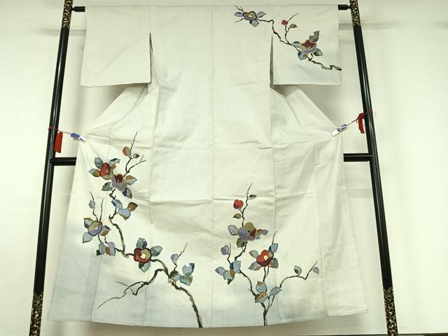 平和屋着物▽訪問着　単衣　紬地　枝花文　金彩　正絹　逸品　AABI2115jh