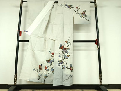 平和屋着物▽訪問着　単衣　紬地　枝花文　金彩　正絹　逸品　AABI2115jh