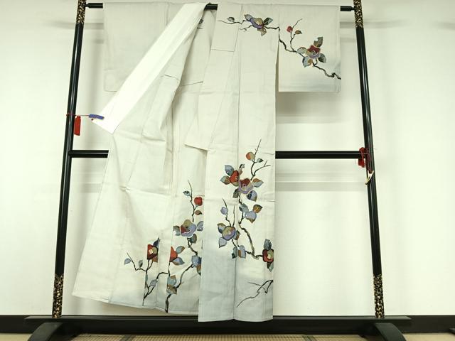 平和屋着物▽訪問着　単衣　紬地　枝花文　金彩　正絹　逸品　AABI2115jh