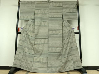 平和屋着物▽上質な紬　単衣　横段花文　正絹　逸品　AABI2119jh