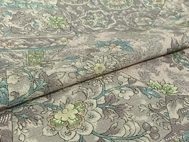 平和屋着物▽上質な小紋　単衣　切嵌更紗花文　染の近江謹製　正絹　逸品　AABI2120jh