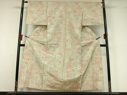 平和屋着物▽上質な紬　単衣　草花文　正絹　逸品　AABI2124jh