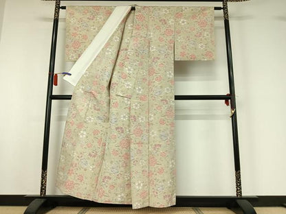 平和屋着物▽上質な紬　単衣　草花文　正絹　逸品　AABI2124jh