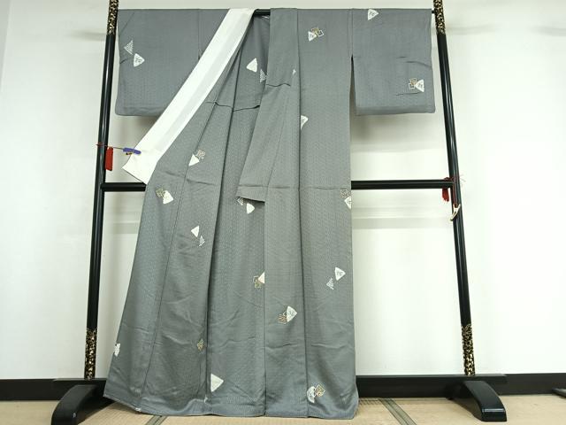 平和屋着物▽上質な小紋　単衣　駒刺繍　幾何学立波文　正絹　逸品　AABI2125jh