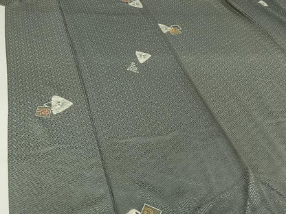 平和屋着物▽上質な小紋　単衣　駒刺繍　幾何学立波文　正絹　逸品　AABI2125jh