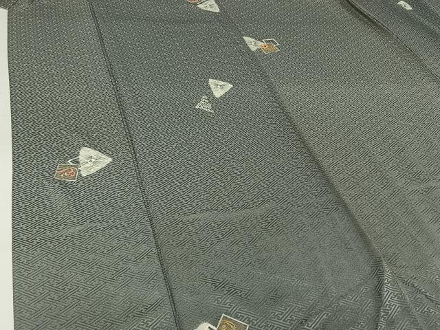平和屋着物▽上質な小紋　単衣　駒刺繍　幾何学立波文　正絹　逸品　AABI2125jh