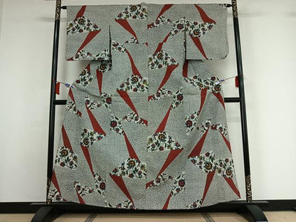 平和屋着物▽お召　単衣　切嵌更紗花文　正絹　逸品　未使用　AABI2127jh