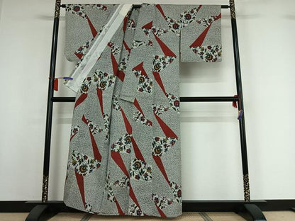 平和屋着物▽お召　単衣　切嵌更紗花文　正絹　逸品　未使用　AABI2127jh