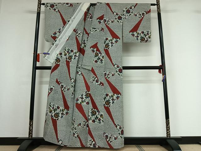 平和屋着物▽お召　単衣　切嵌更紗花文　正絹　逸品　未使用　AABI2127jh