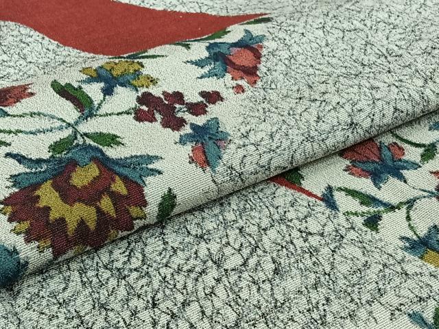 平和屋着物▽お召　単衣　切嵌更紗花文　正絹　逸品　未使用　AABI2127jh
