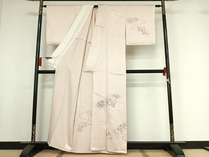平和屋着物▽訪問着　単衣　流水扇面花文　正絹　逸品　AABI2129jh