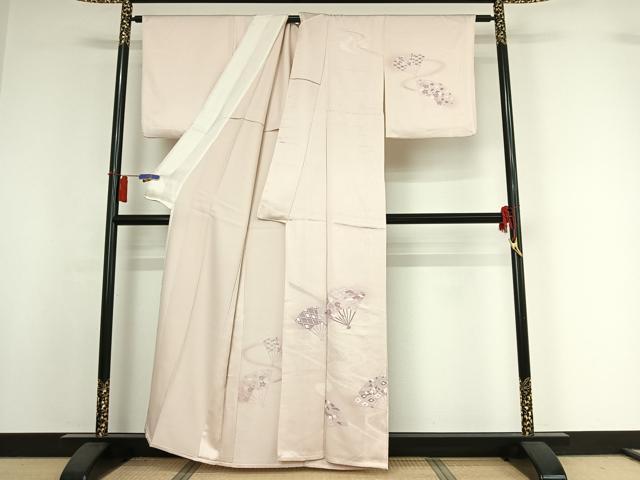平和屋着物▽訪問着　単衣　流水扇面花文　正絹　逸品　AABI2129jh
