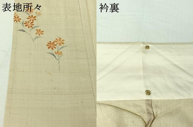 平和屋着物▽生紬　単衣　手描き　草花文　正絹　逸品　AABI2133jh