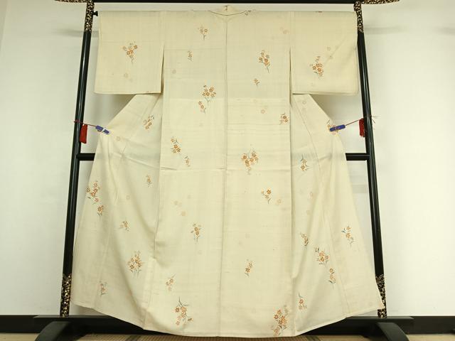 平和屋着物▽生紬　単衣　手描き　草花文　正絹　逸品　AABI2133jh