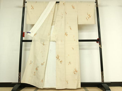 平和屋着物▽生紬　単衣　手描き　草花文　正絹　逸品　AABI2133jh