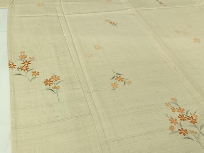 平和屋着物▽生紬　単衣　手描き　草花文　正絹　逸品　AABI2133jh